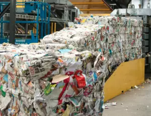 Paper bales being produced by a baler machine at Gillmoss Materials Recovery Facility
