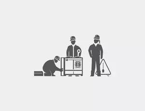 Grey icon of a people carrying out maintenance with a sign