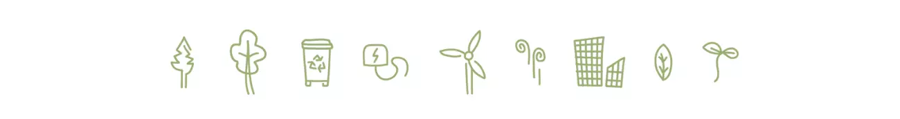 a row of icons inclusing plants, trees, bin, plug, wind turbine, city building, leaf and shoot. 
