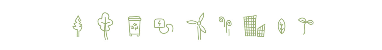 a row of icons inclusing plants, trees, bin, plug, wind turbine, city building, leaf and shoot.