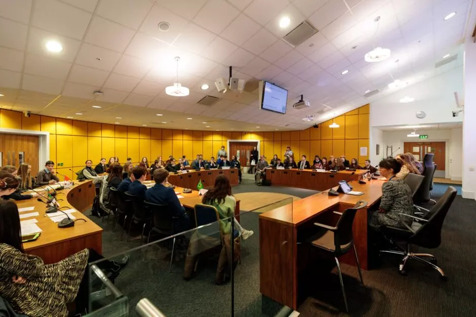 Pupils and attendees at UN-style climate conference