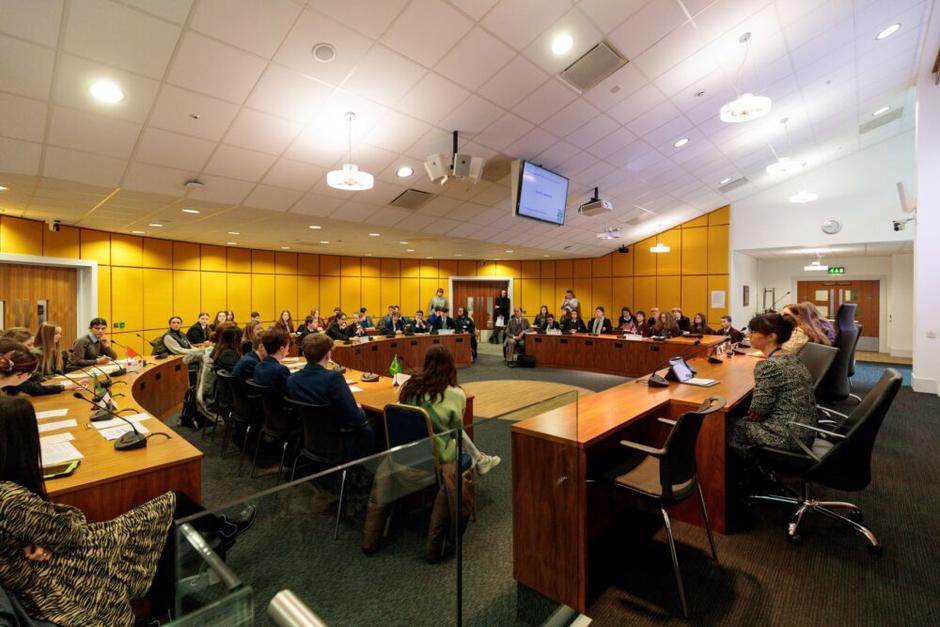 Pupils and attendees at UN-style climate conference