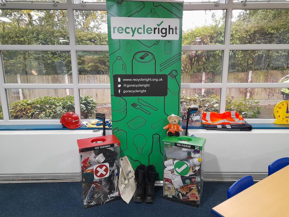 Recycling Display and banner set up in a school classroom