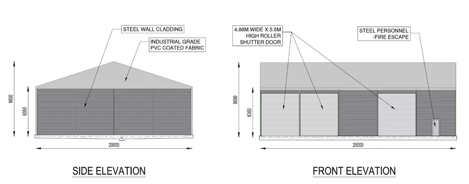 A drawing showing the side and front elevation of a new proposed food waste building