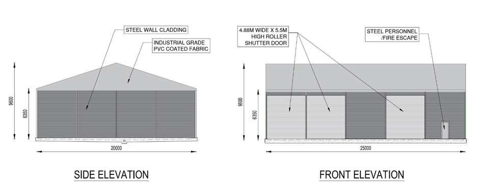 A drawing showing the side and front elevation of a new proposed food waste building