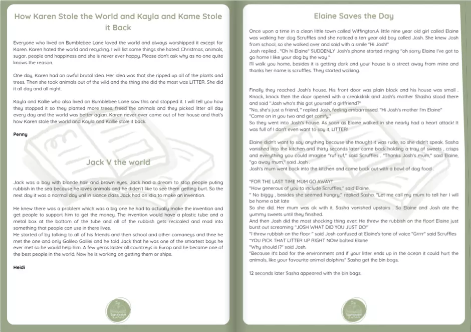 An image showing an open digital book with children's sustainable stories for a eco-competiton