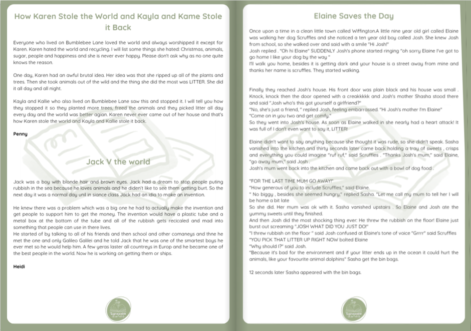 An image showing an open digital book with children's sustainable stories for a eco-competiton
