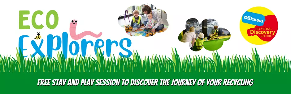 Eco explorer banner with a grass border and a worm, images of pre-school children engaging with activities.