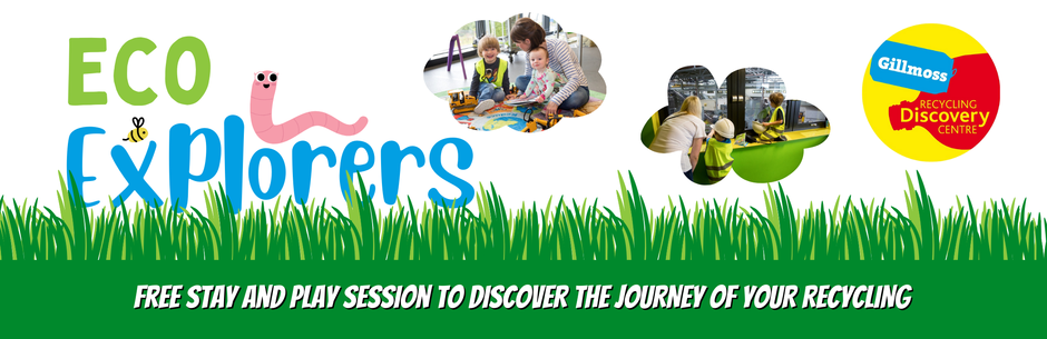 Eco explorer banner with a grass border and a worm, images of pre-school children engaging with activities.