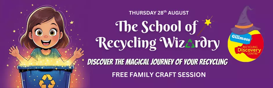 A purple banner showing a cartoon girl looking down into a magical recycling bin.