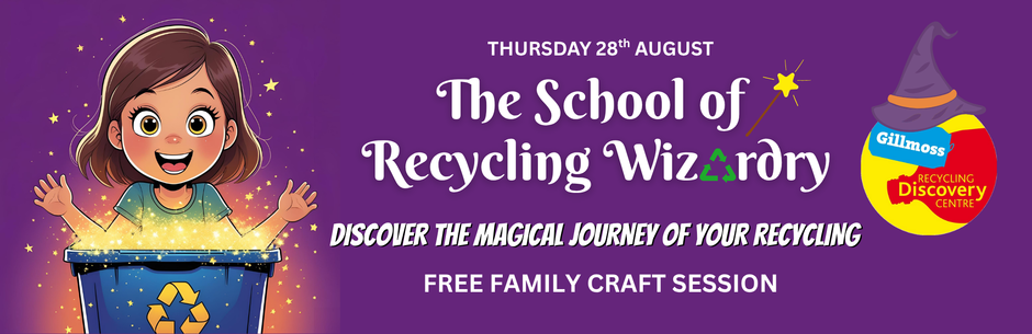 A purple banner showing a cartoon girl looking down into a magical recycling bin.