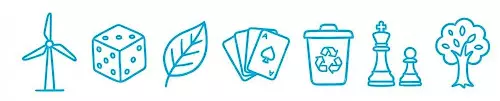 Blue icons showing a wind turbine, dice, leaf, playing cards, recycling bin, chess pieces and a tree.