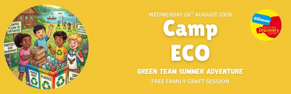 A yellow banner with a campsite scene with recycling bins.