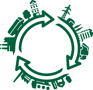 circular arrows showing buildings, industry, services and residential all connected and working together