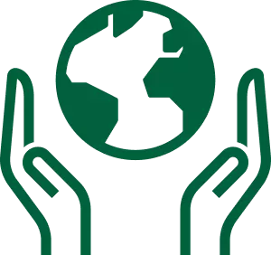 Green icon showing hands surround an icon of the earth