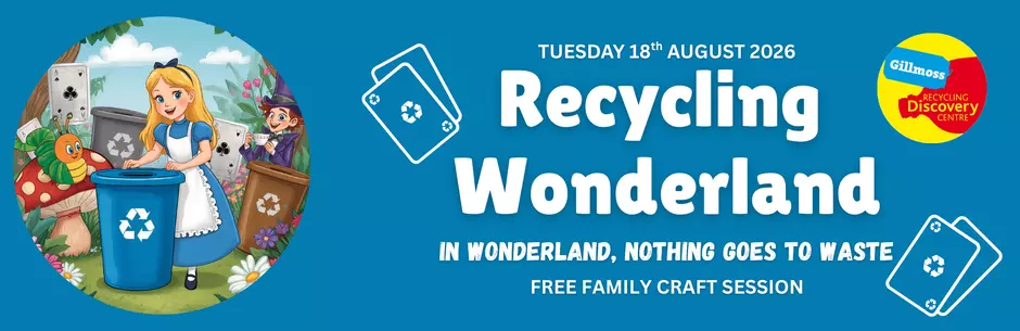 A blue banner showing an Alice in Wonderland scene with recycling bins.