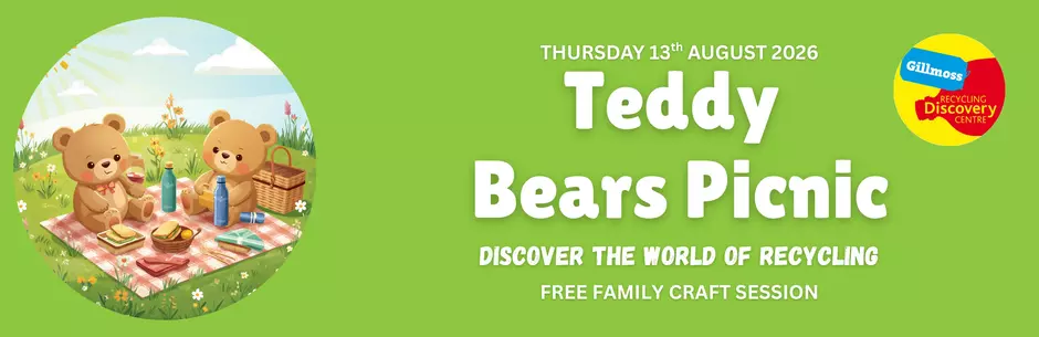 A green banner showing Teddy bears sitting down to a picnic.